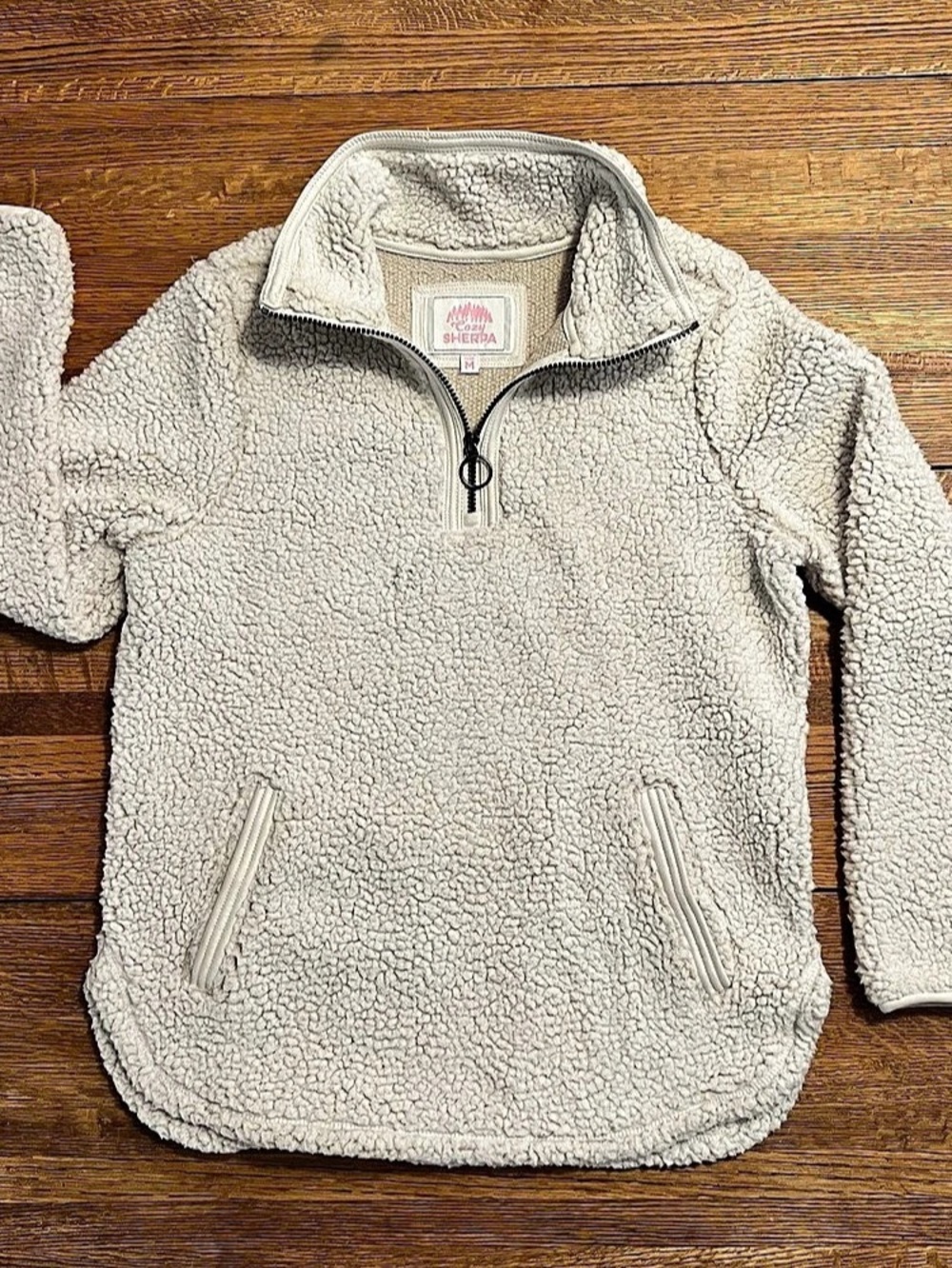 Cozy Sherpa Ivory Fleece 1/4 Zip Mock Neck Pullover Sweater Pockets Medium